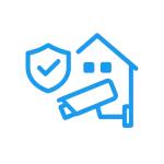 Icono azul minimalista de una casa con cámara de videovigilancia y escudo de protección, que representa el servicio de instalación de cámaras de seguridad de Vive Protegido.