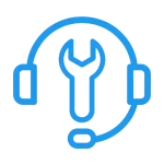 Icono azul minimalista que muestra una llave inglesa sobre unos auriculares, simbolizando el servicio técnico y la atención personalizada en mantenimiento y soporte de Vive Protegido.