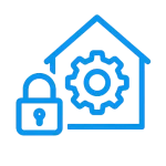Icono azul minimalista que muestra una casa con engranaje y candado, simbolizando la automatización del hogar y los sistemas de seguridad inteligentes de Vive Protegido.