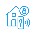 Icono azul minimalista que representa una casa con cerradura inteligente y señal inalámbrica, simbolizando el control de acceso moderno y seguro del servicio de cerraduras inteligentes de Vive Protegido.