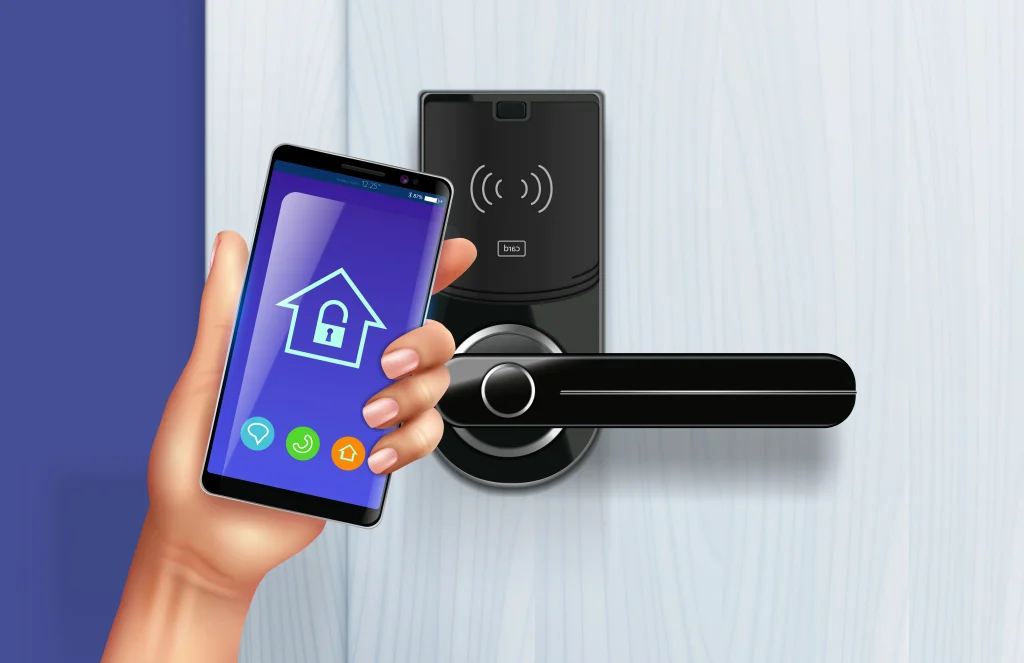 Cerradura inteligente moderna con lector de huella y control desde el móvil