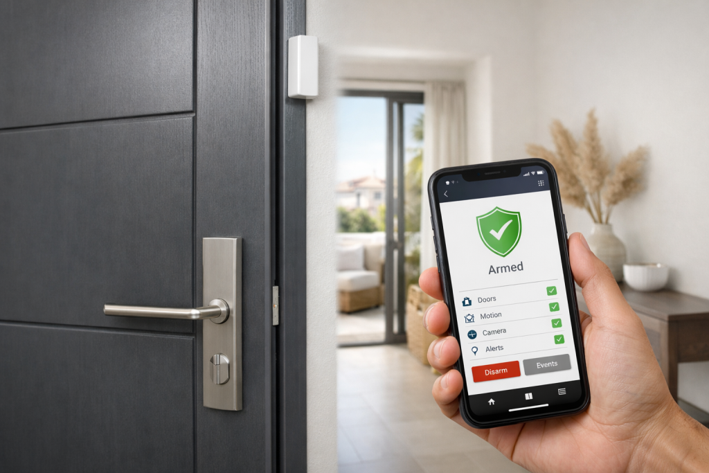 Instalación de alarma en casa en Málaga con sensor en puerta y control desde el móvil