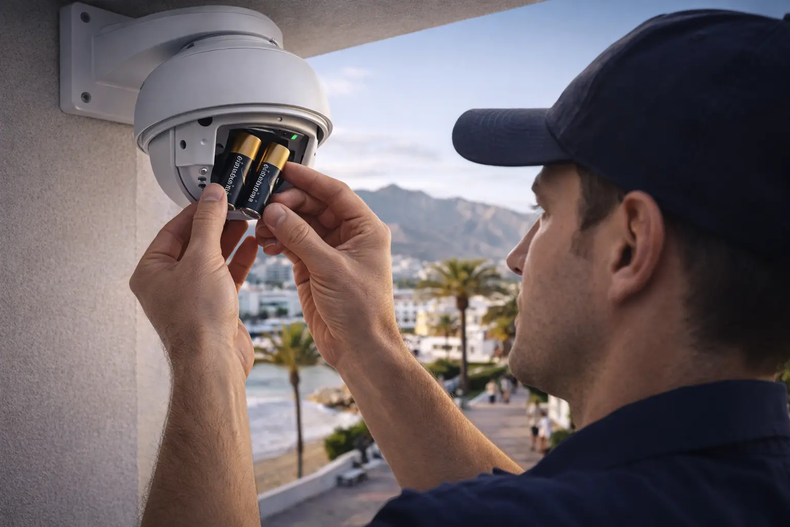 Técnico profesional instalando sistema de cámaras de seguridad
