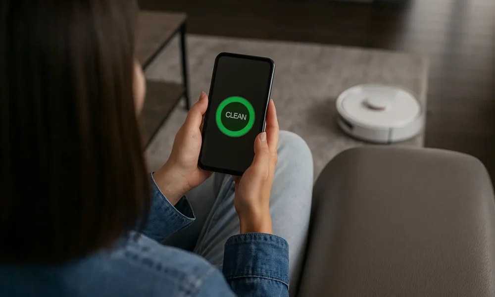 Persona gestionando un robot aspirador inteligente desde una app de domótica en el móvil