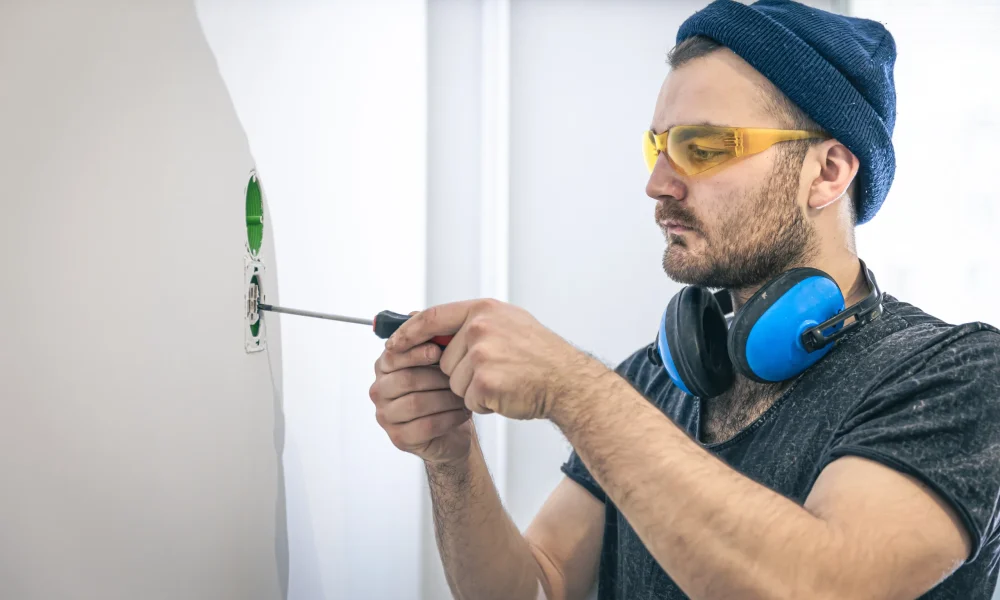 Electricista ajustando una toma eléctrica durante un trabajo de reparación y mantenimiento