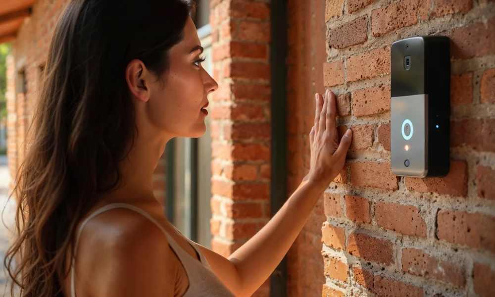Mujer utilizando un videoportero inteligente para controlar el acceso a su hogar